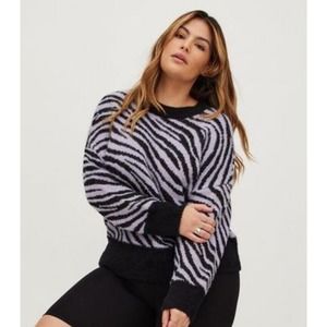 Torrid Sweater Purple Black Zebra Print Eyelash Fuzzy Pullover
